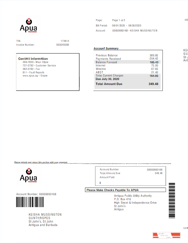 ANTIGUA AND BARBUDA APUA utility bill Word and PDF template